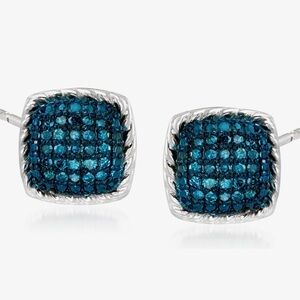Sterling Silver and Blue Diamond Stud Earrings